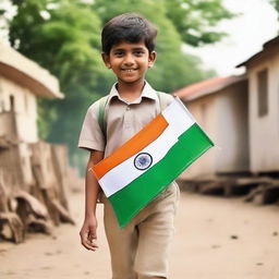 A modernly dressed boy named 'Aanand' proudly holding the Indian flag in his hand