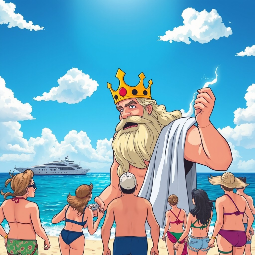 A cartoon depiction of the gigantic appearance of Zeus, wearing a golden crown and holding a lightning bolt, amidst a bright blue sky partially concealed by fluffy white clouds