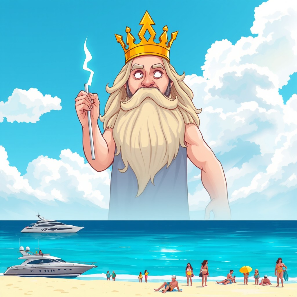 A cartoon depiction of the gigantic appearance of Zeus, wearing a golden crown and holding a lightning bolt, set against a bright blue sky partially obscured by white clouds