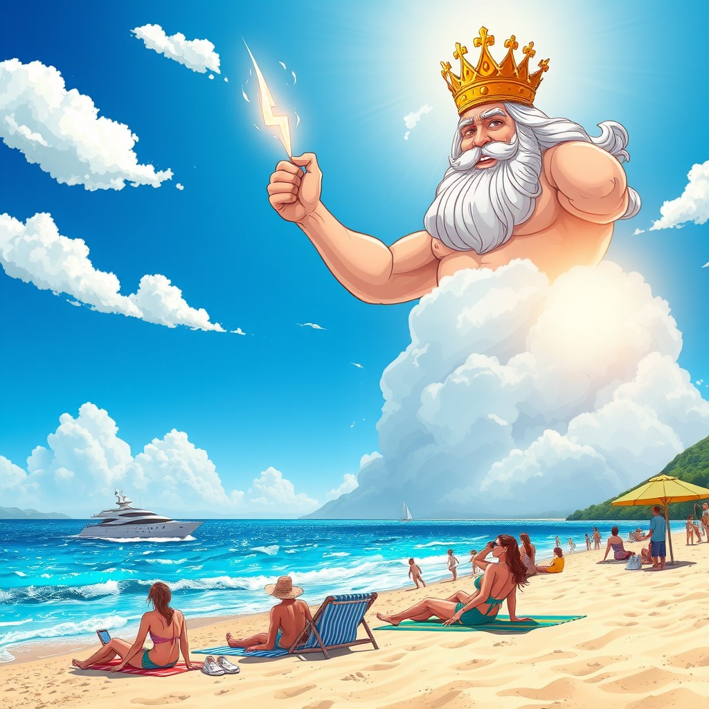 A vibrant cartoon depicting the colossal appearance of Zeus, adorned with a golden crown and holding a lightning bolt, emerging from a bright blue sky with fluffy white clouds