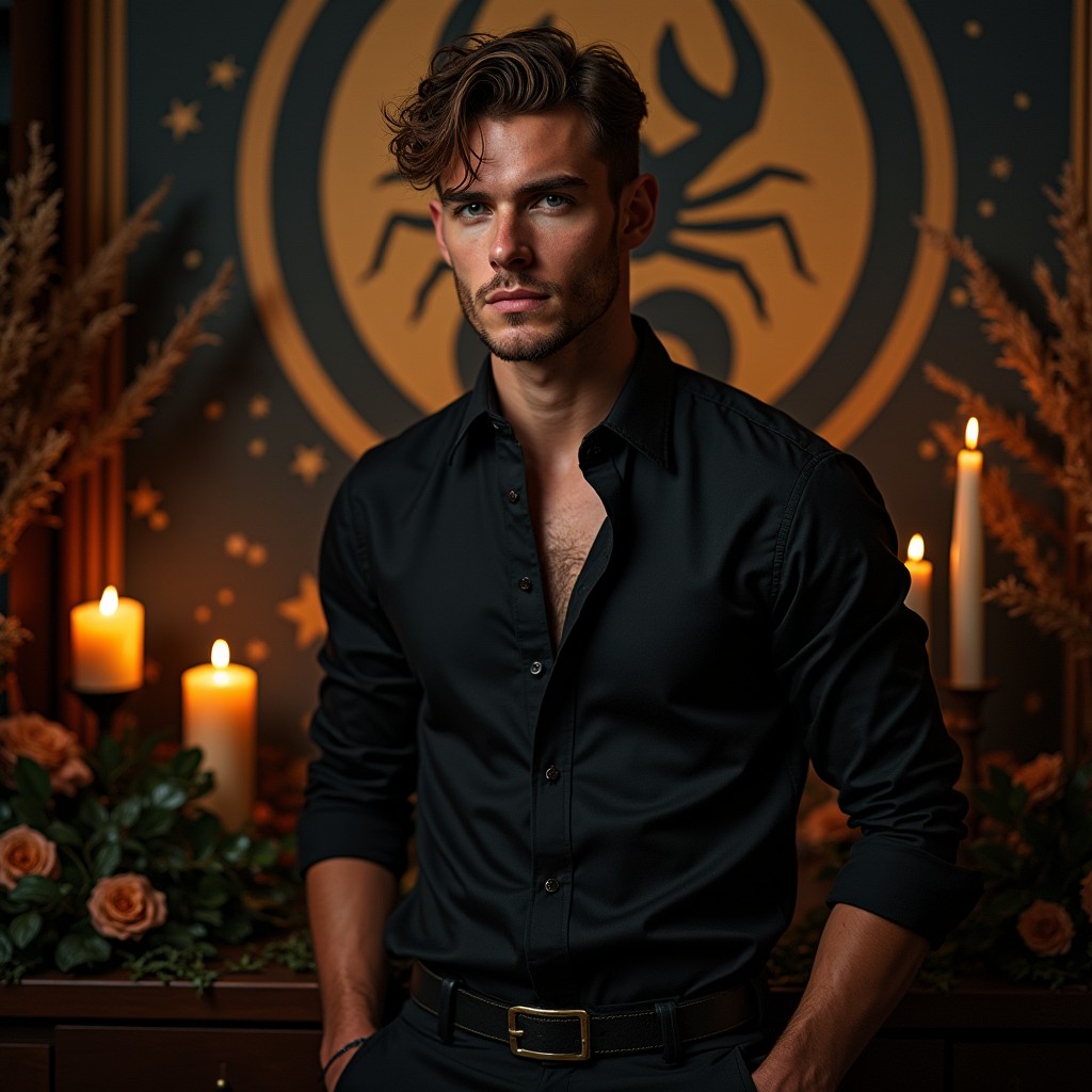 A striking and intense photograph of a man embodying the archetype of Scorpio, showcasing his magnetic and mysterious personality