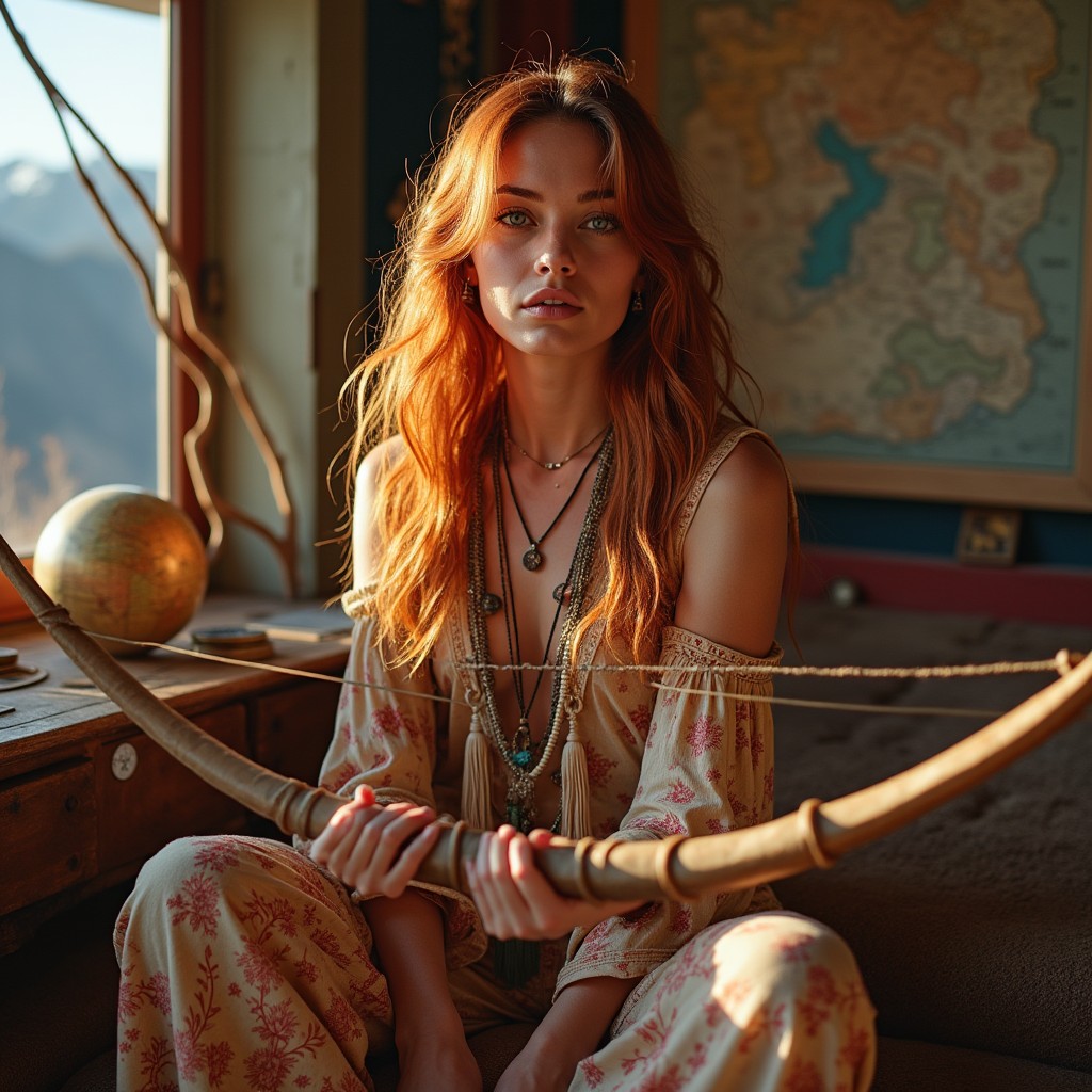 A vibrant and dynamic real-life photograph of a woman embodying the perfect archetype of Sagittarius, showcasing her adventurous spirit and free-spirited personality