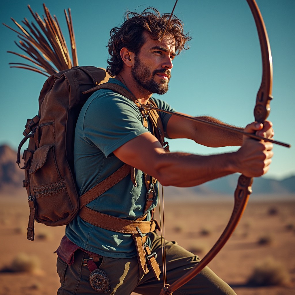 A dynamic real-life photograph of a man embodying the archetype of Sagittarius, showcasing his adventurous spirit and love for exploration