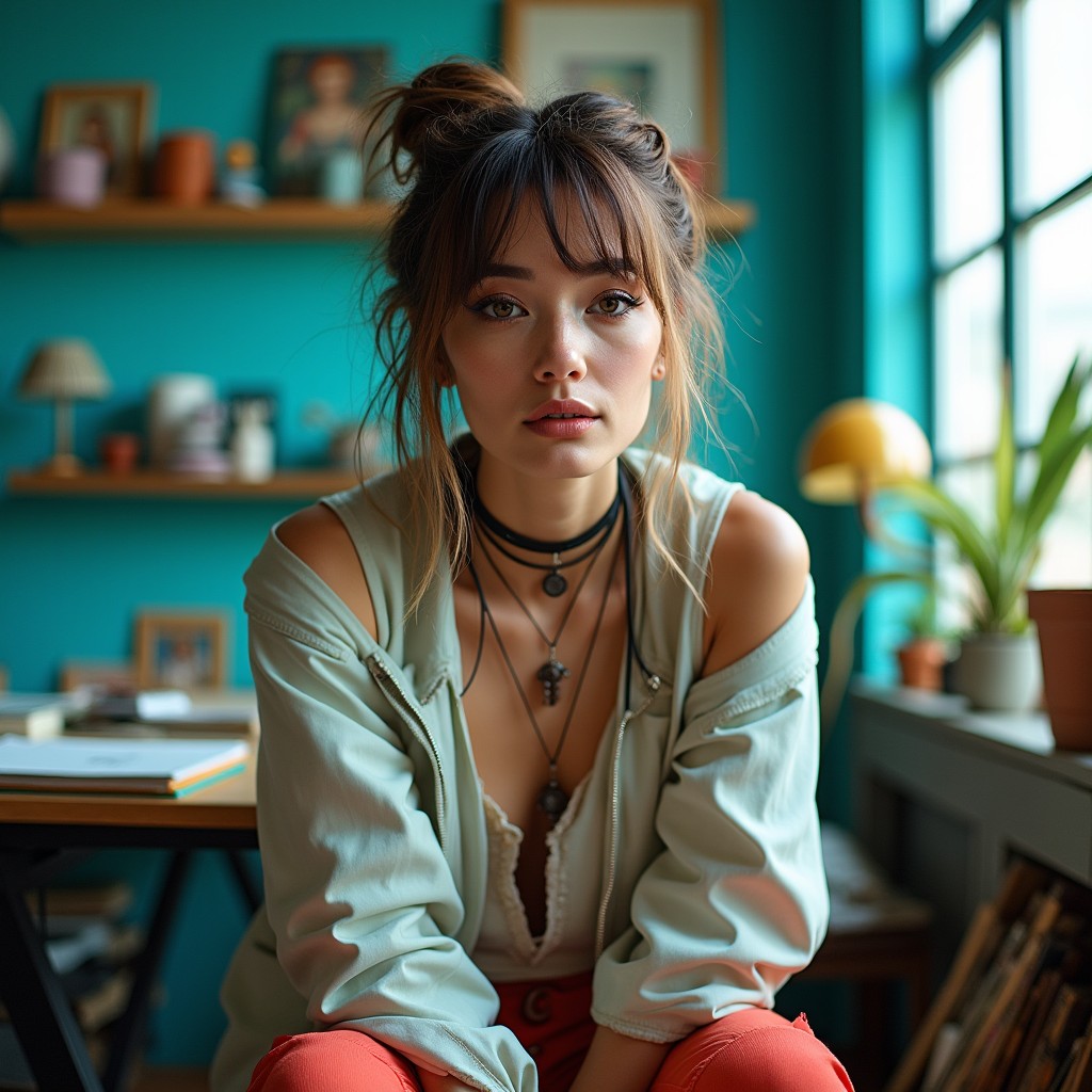 A stunning real-life photograph depicting the perfect archetype of an Aquarius woman, exuding individuality, creativity, and a free-spirited nature