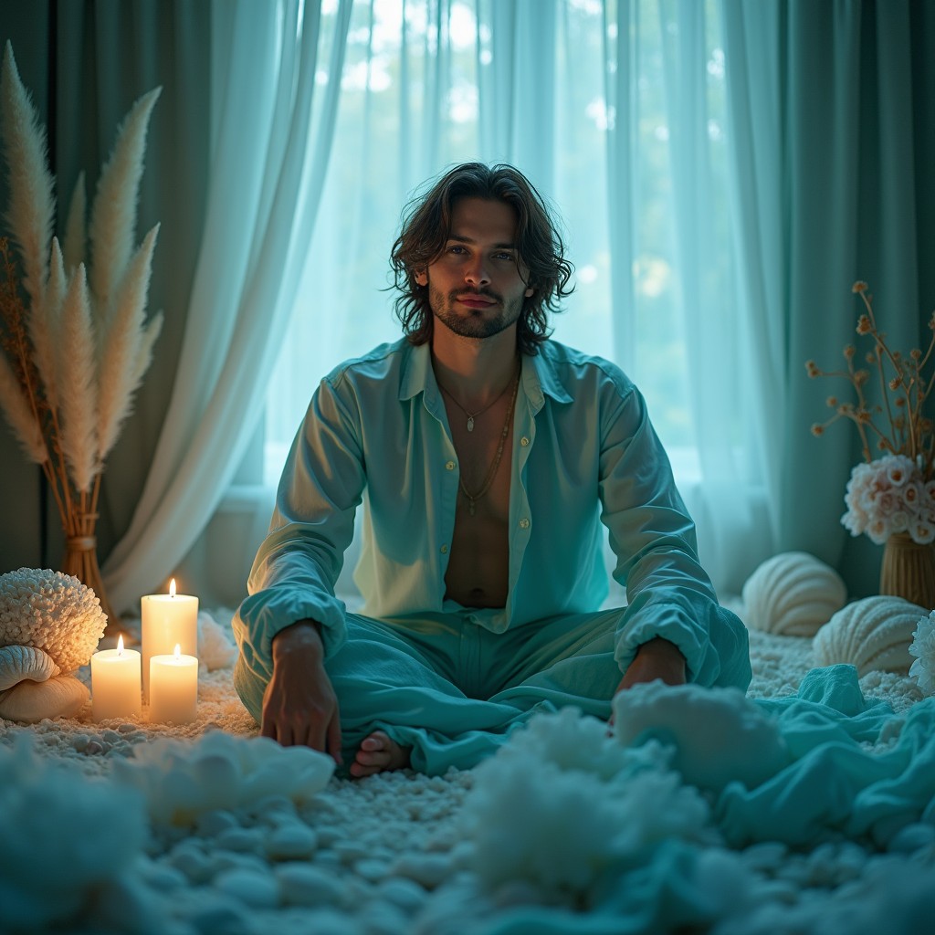 A mesmerizing photograph of the ideal archetype of a Pisces man, exuding an aura of sensitivity and creativity