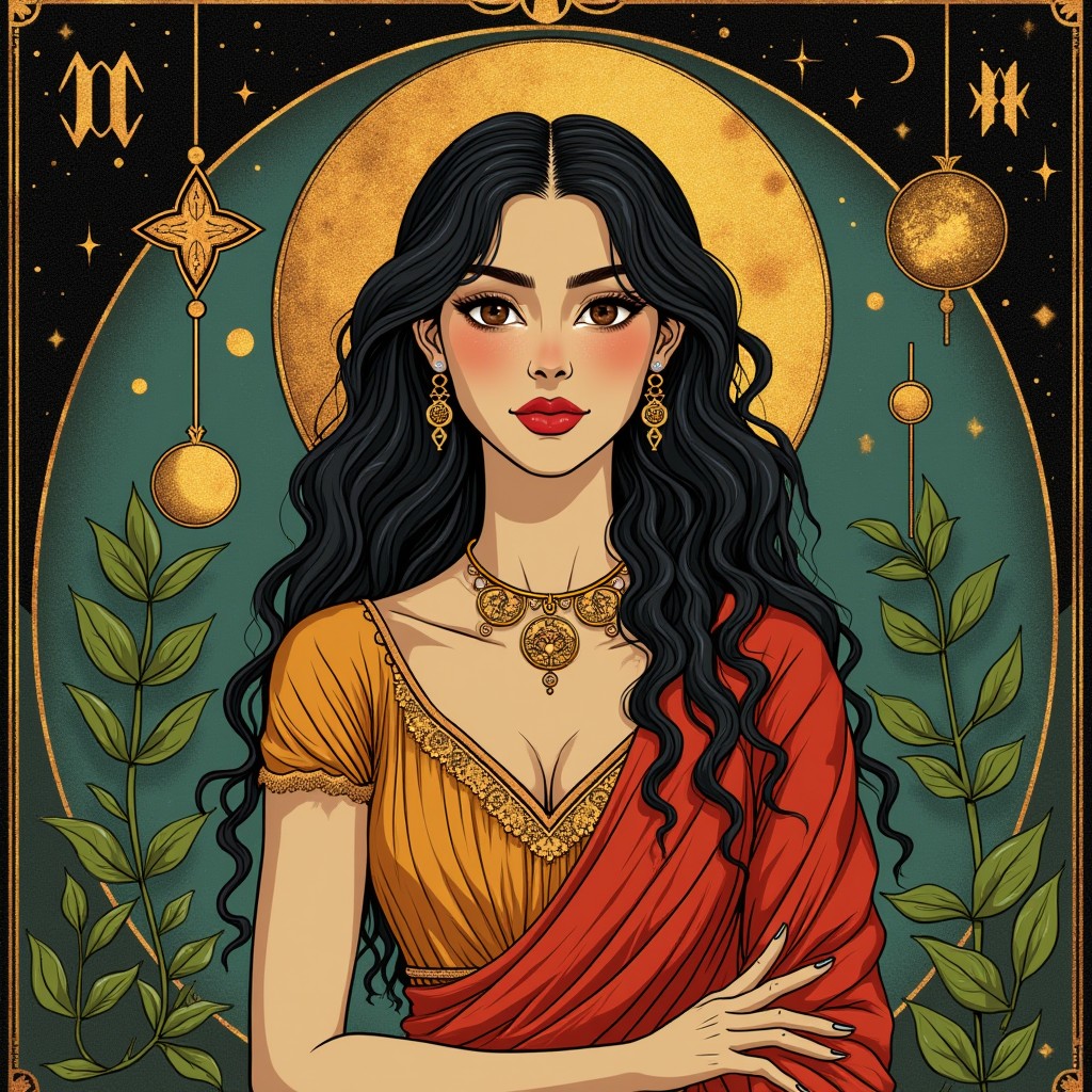 An intricate and visually captivating tarot card design representing the archetype of a woman who embodies Virgo traits, with Leo rising and a Scorpio moon