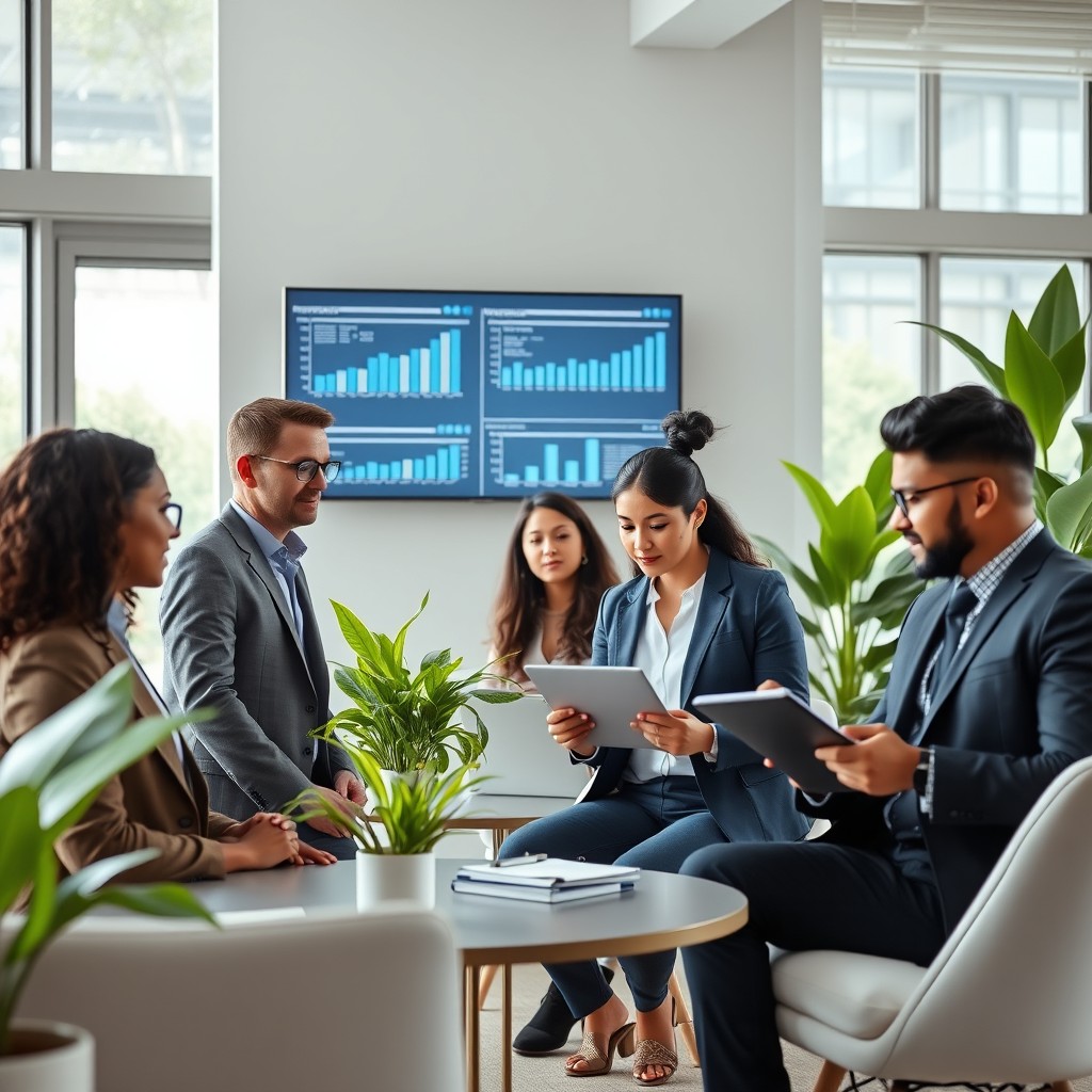 A modern, sleek office environment showcasing a team of diverse professionals engaged in a collaborative meeting