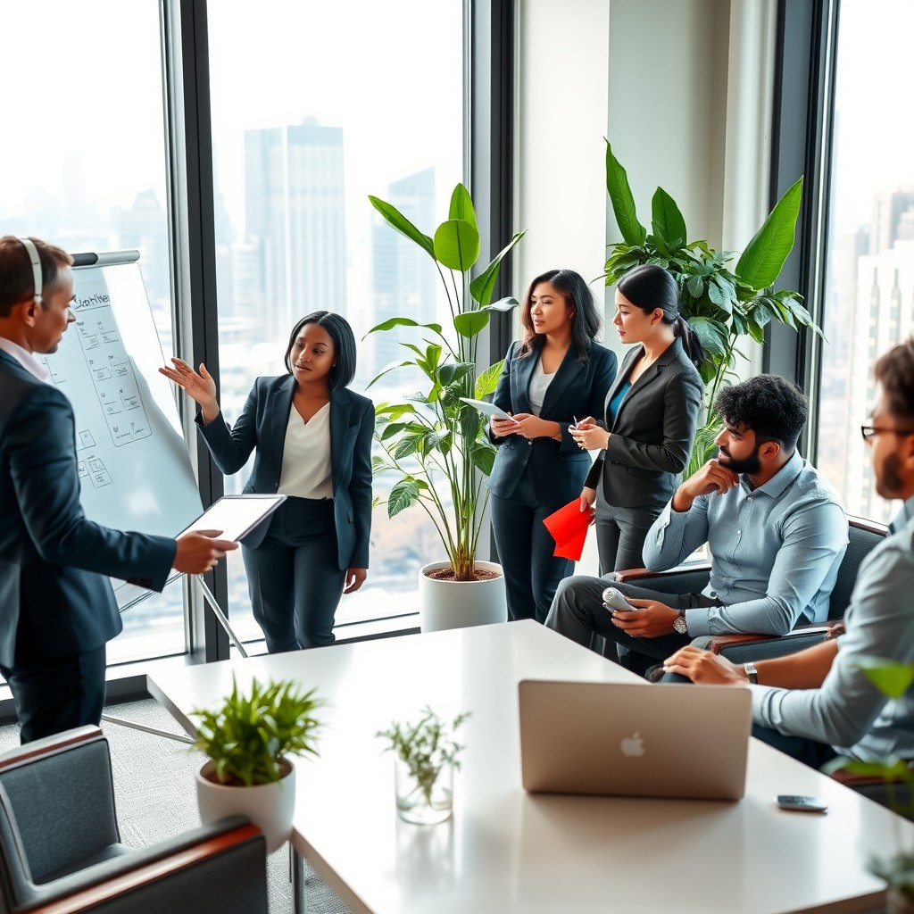 A modern corporate office setting showcasing a diverse team of professionals collaborating in a conference room