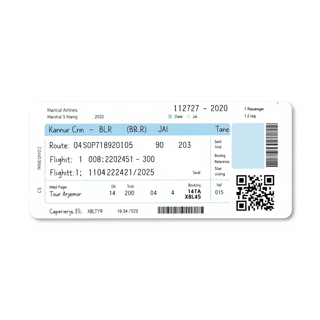 A realistic-looking flight itinerary styled like an airline e-ticket, featuring modern fonts and a clean layout