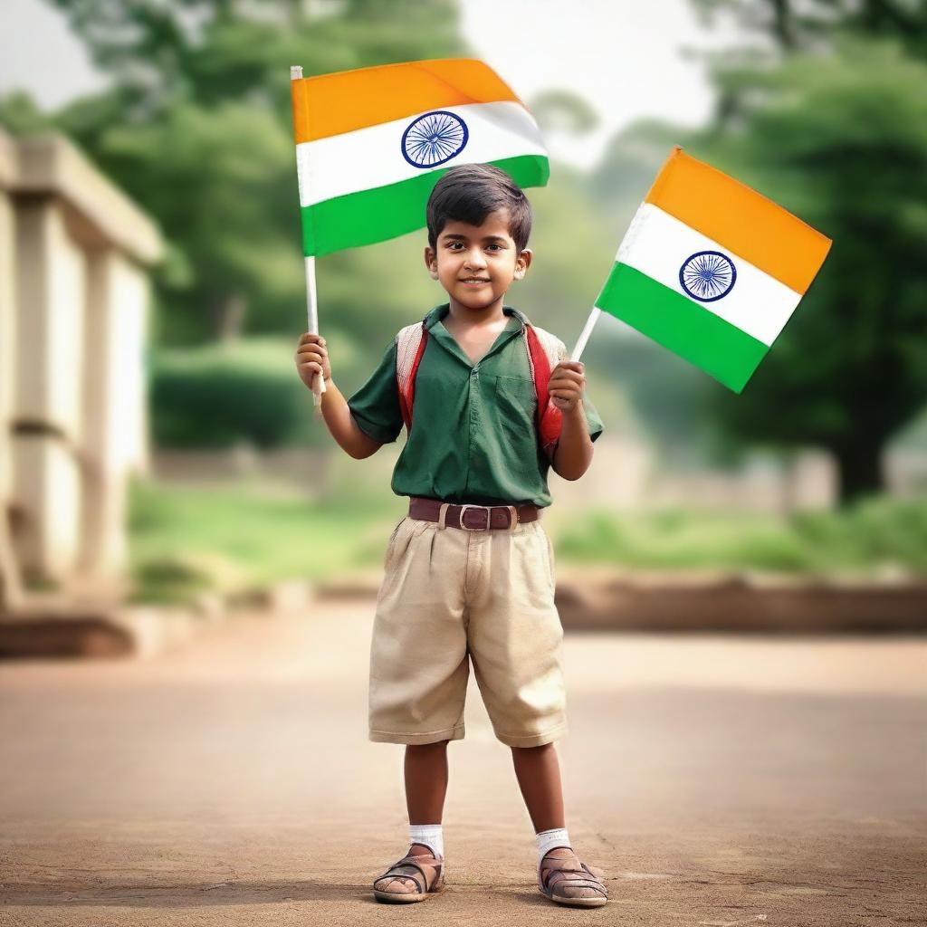 A modernly dressed boy named 'Aanand' proudly holding the Indian flag in his hand