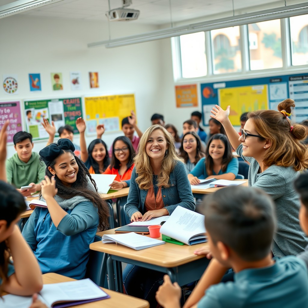 A vibrant classroom scene filled with engaged students of diverse backgrounds, actively participating in a lively discussion