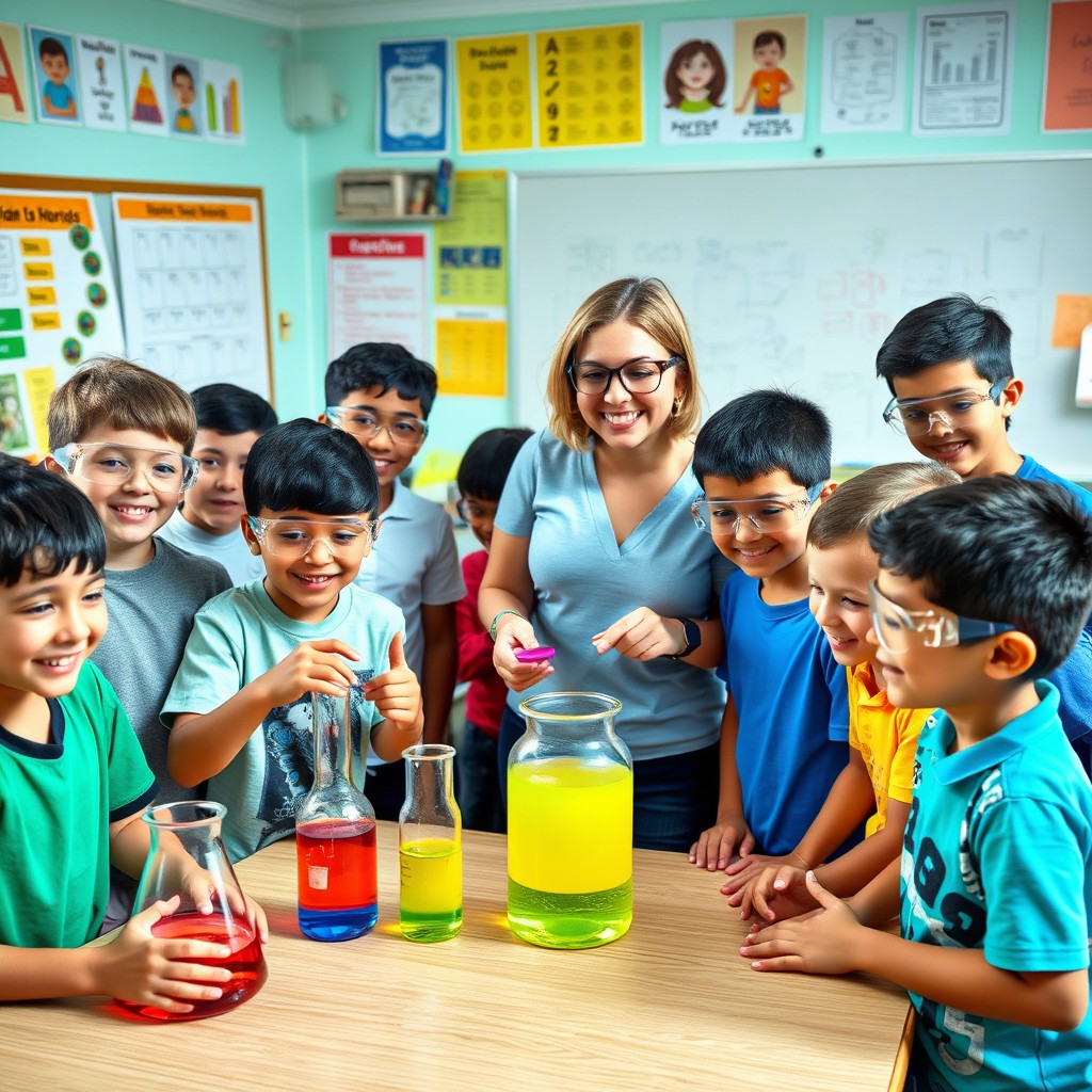 A vibrant classroom scene filled with enthusiastic boys students engaging in a science experiment