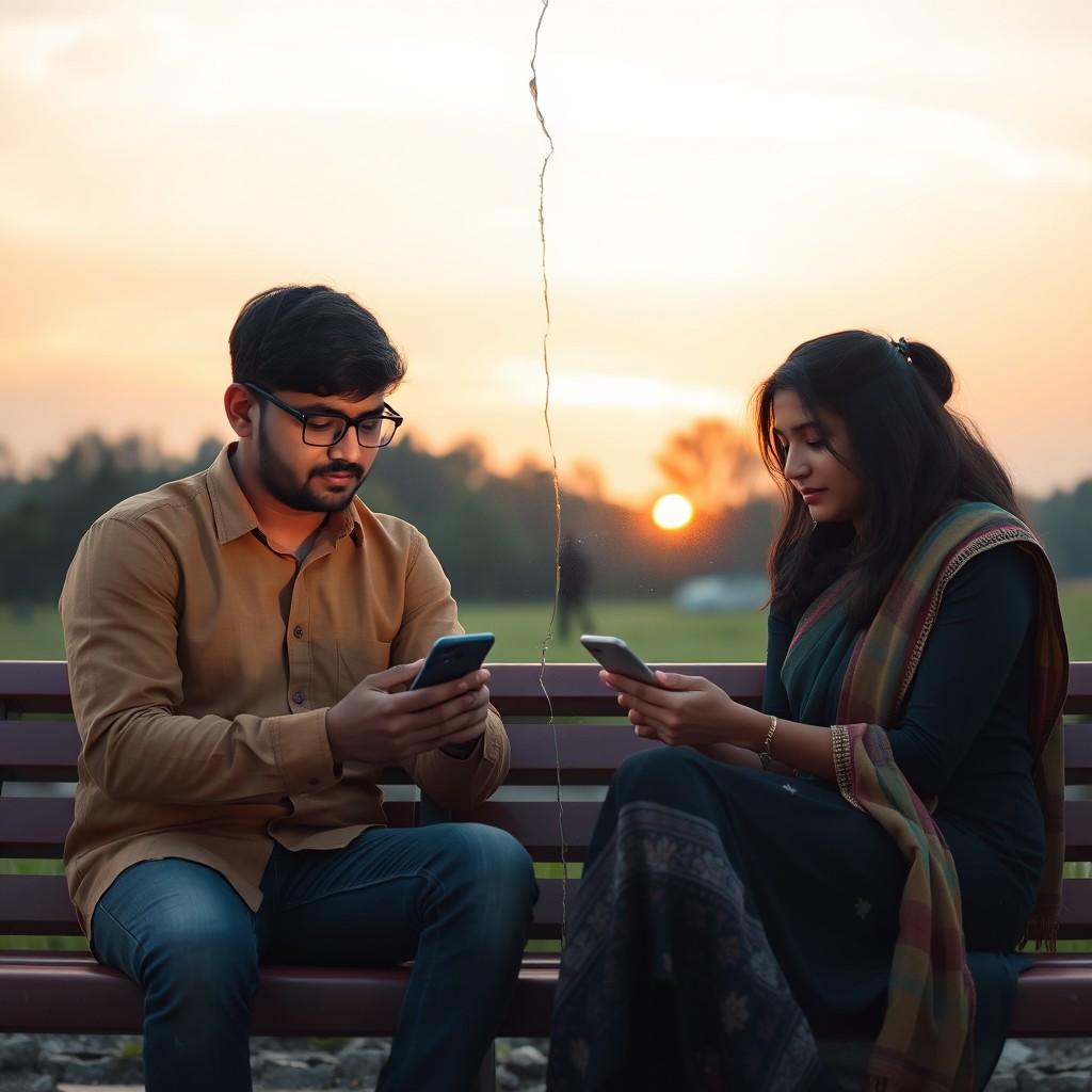 An Indian man and an Indian woman sit on opposite sides of a park bench, both intensely focused on their smartphones, their faces showing no emotion