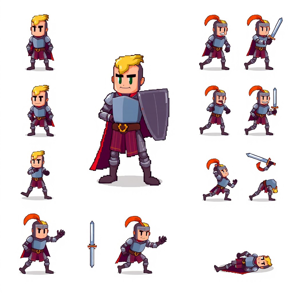 A 64x64 pixel art knight, depicted as a barehanded warrior wearing simple armor, designed with vibrant colors and clear pixelation
