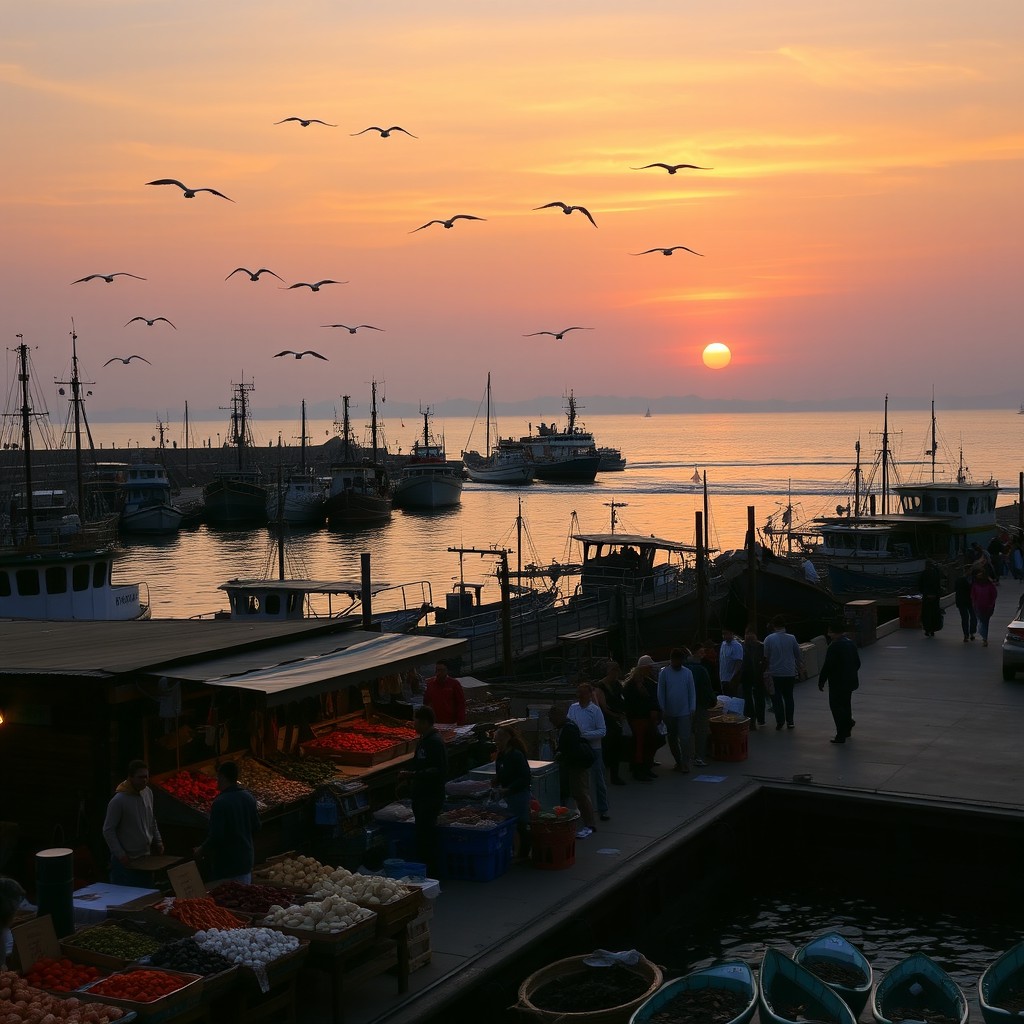 A bustling harbor during sunset, featuring various ships docked, with seagulls flying above and fishermen loading their catch