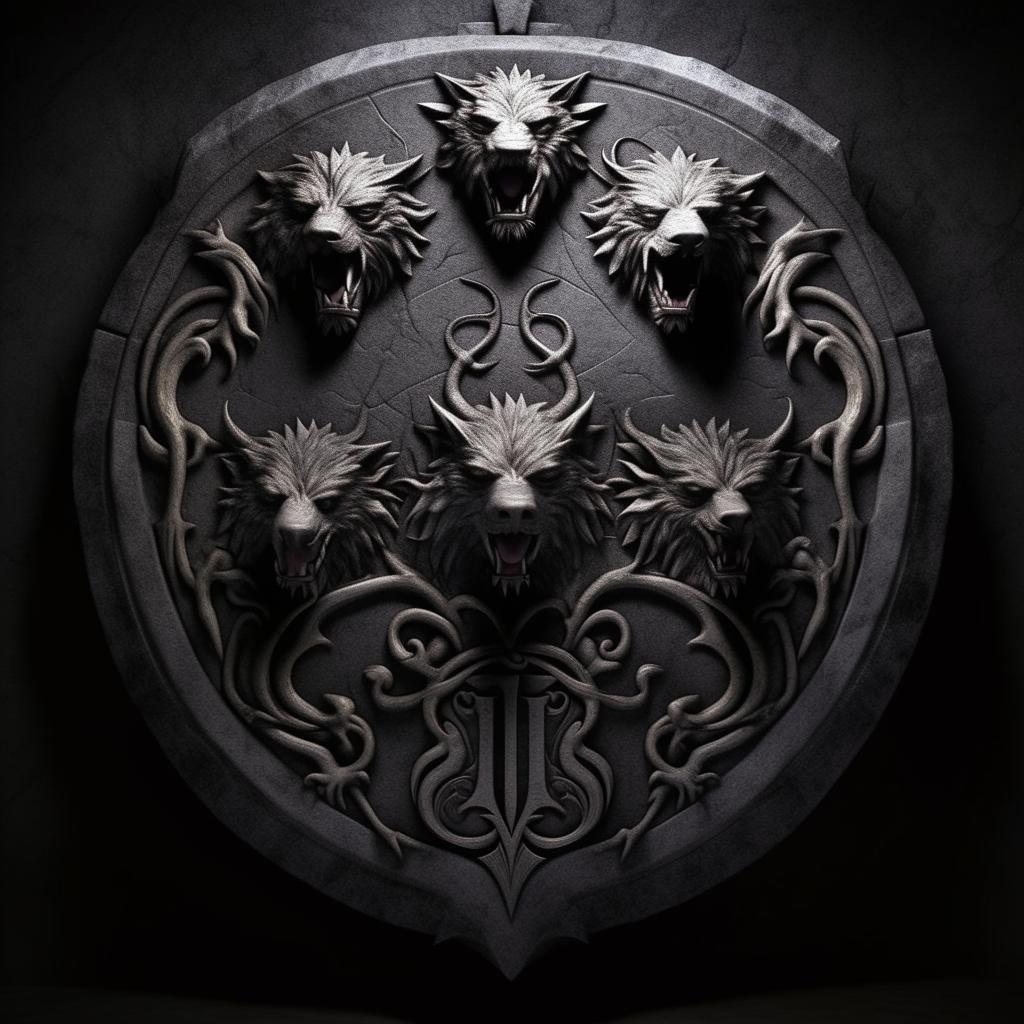 Realistic dark grey stone background with a central emblem featuring the mythical dog Cerberus with three heads attached to one body, designed in the style of a Game of Thrones house sigil, specifically like House Targaryen's emblem.