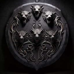 Realistic dark grey stone background with a central emblem featuring the mythical dog Cerberus with three heads attached to one body, designed in the style of a Game of Thrones house sigil, specifically like House Targaryen's emblem.