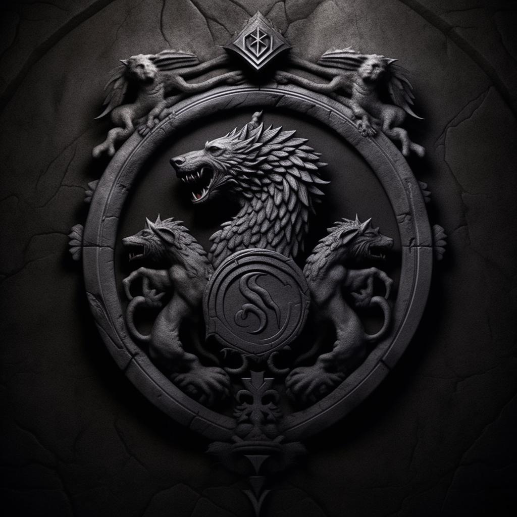 Realistic dark grey stone background with a central emblem featuring the mythical dog Cerberus with three heads attached to one body, designed in the style of a Game of Thrones house sigil, specifically like House Targaryen's emblem.