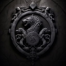 Realistic dark grey stone background with a central emblem featuring the mythical dog Cerberus with three heads attached to one body, designed in the style of a Game of Thrones house sigil, specifically like House Targaryen's emblem.