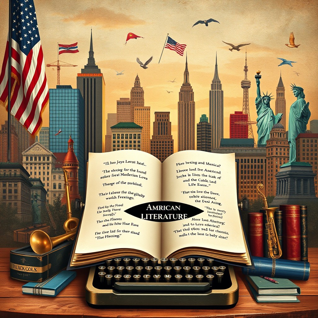An artistic representation of American literature and culture, featuring iconic symbols like an open book with famous American authors' names and quotes, a vintage typewriter, and a backdrop of a diverse urban landscape that blends elements from various American literary works