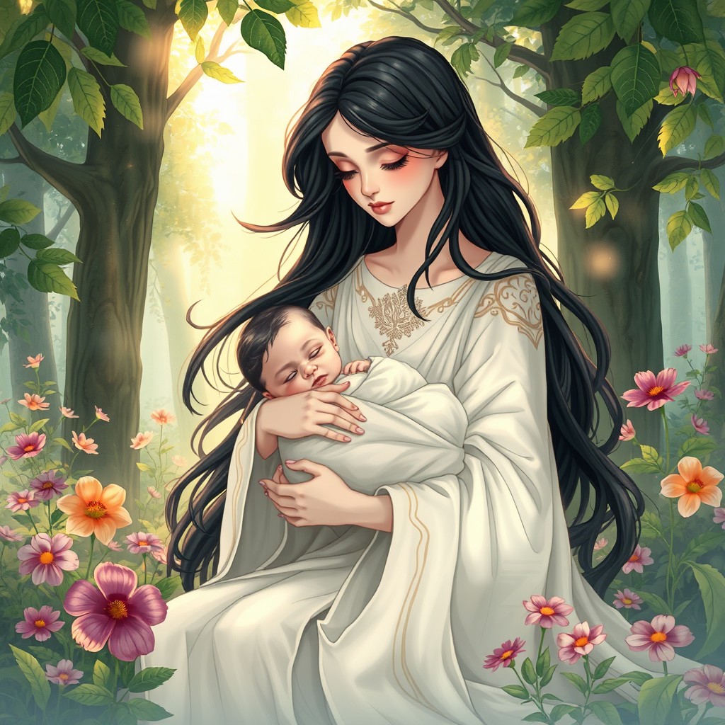 A serene and beautifully illustrated scene depicting Lilith, characterized with flowing dark hair and ethereal features, gently cradling a baby