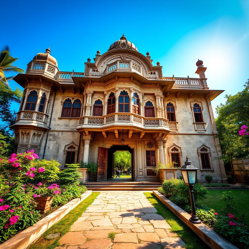 A stunning image of an old, majestic haveli (mansion) showcasing intricate architecture from the colonial era, complete with ornate balconies, large wooden doors, and vintage windows