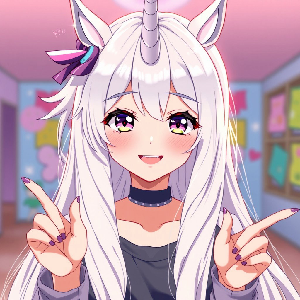 An anime girl with a unicorn horn gracefully protruding from her forehead, adorned with long, flowing white hair that cascades beautifully