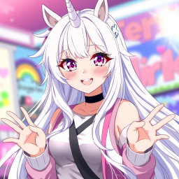 An anime girl with a unicorn horn gracefully protruding from her forehead, adorned with long, flowing white hair that cascades beautifully