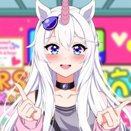 An anime girl with a unicorn horn gracefully protruding from her forehead, adorned with long, flowing white hair that cascades beautifully