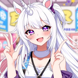 An anime girl with a unicorn horn gracefully protruding from her forehead, adorned with long, flowing white hair that cascades beautifully