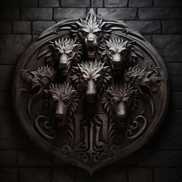 Realistic dark grey stone background with a central emblem featuring the mythical dog Cerberus with three heads attached to one body, designed in the style of a Game of Thrones house sigil, specifically like House Targaryen's emblem.