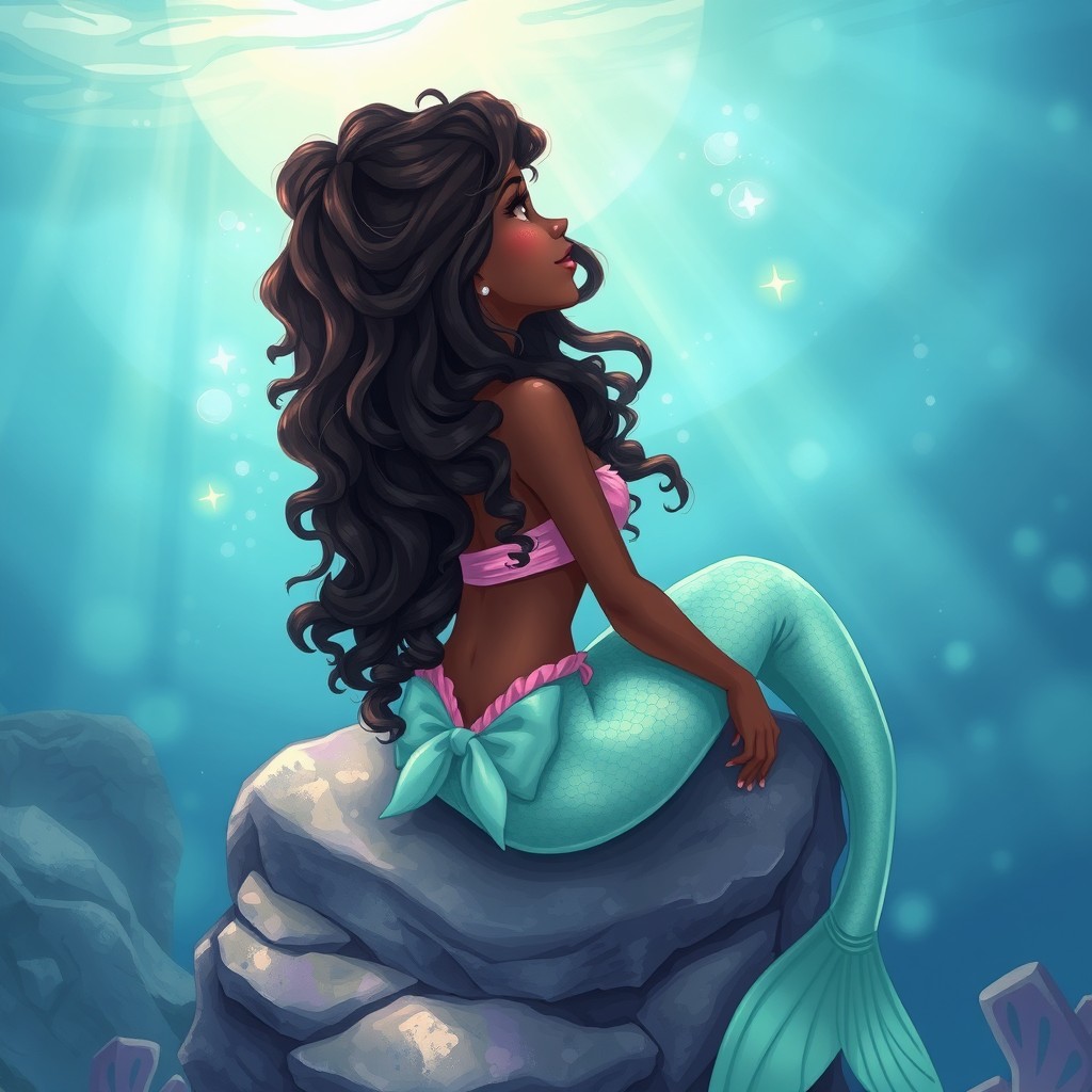 A beautiful mermaid sitting on a marine rock underwater, gazing towards the surface