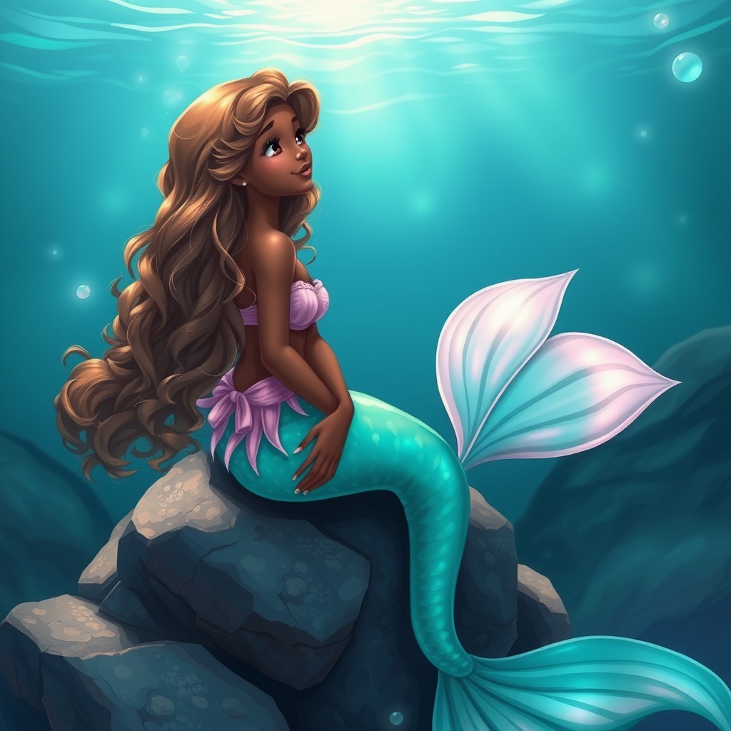 A beautiful mermaid sitting on a marine rock underwater, gazing towards the surface