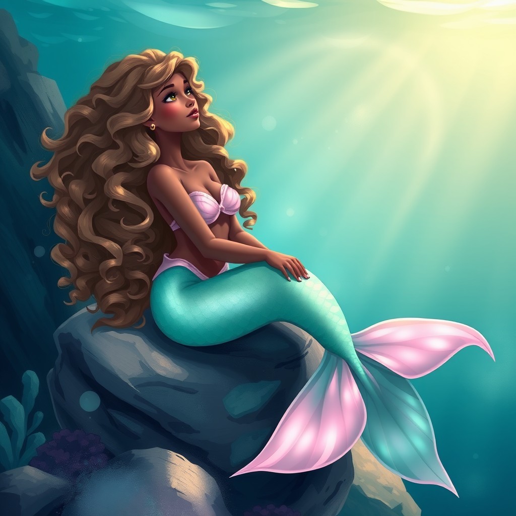 A beautiful mermaid sitting on a marine rock underwater, gazing towards the surface