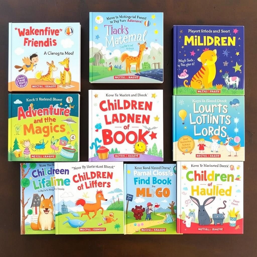 A collection of colorful and imaginative children's book covers featuring playful and whimsical artwork