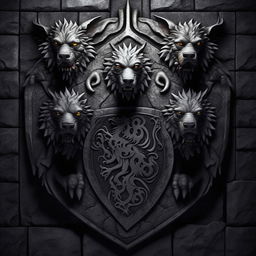 Realistic dark grey stone background with a central emblem featuring the mythical dog Cerberus with three heads attached to one body, designed in the style of a Game of Thrones house sigil, specifically like House Targaryen's emblem.