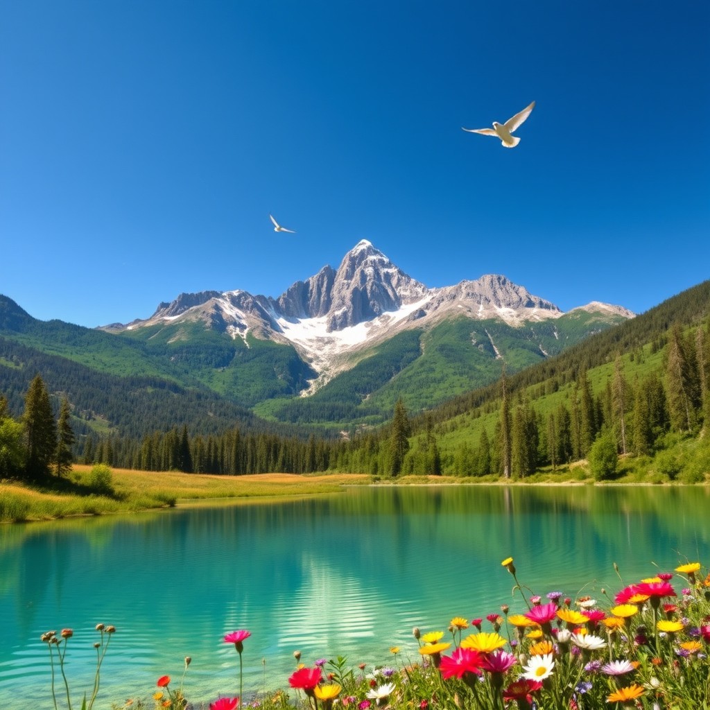 A vibrant outdoor scene featuring a majestic mountain landscape, with lush green forests at the base and a clear blue sky