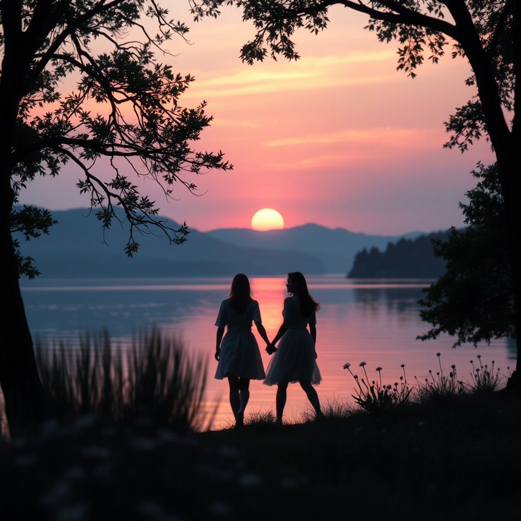 A romantic background featuring a beautiful sunset over a serene lake, with soft pink and orange hues reflecting on the water