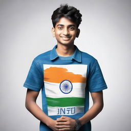 A 20 year old boy named 'AANAND' in modern clothes such as a jeans jacket and t-shirt, boldly holding the flag of India with 'AANAND' printed on his t-shirt