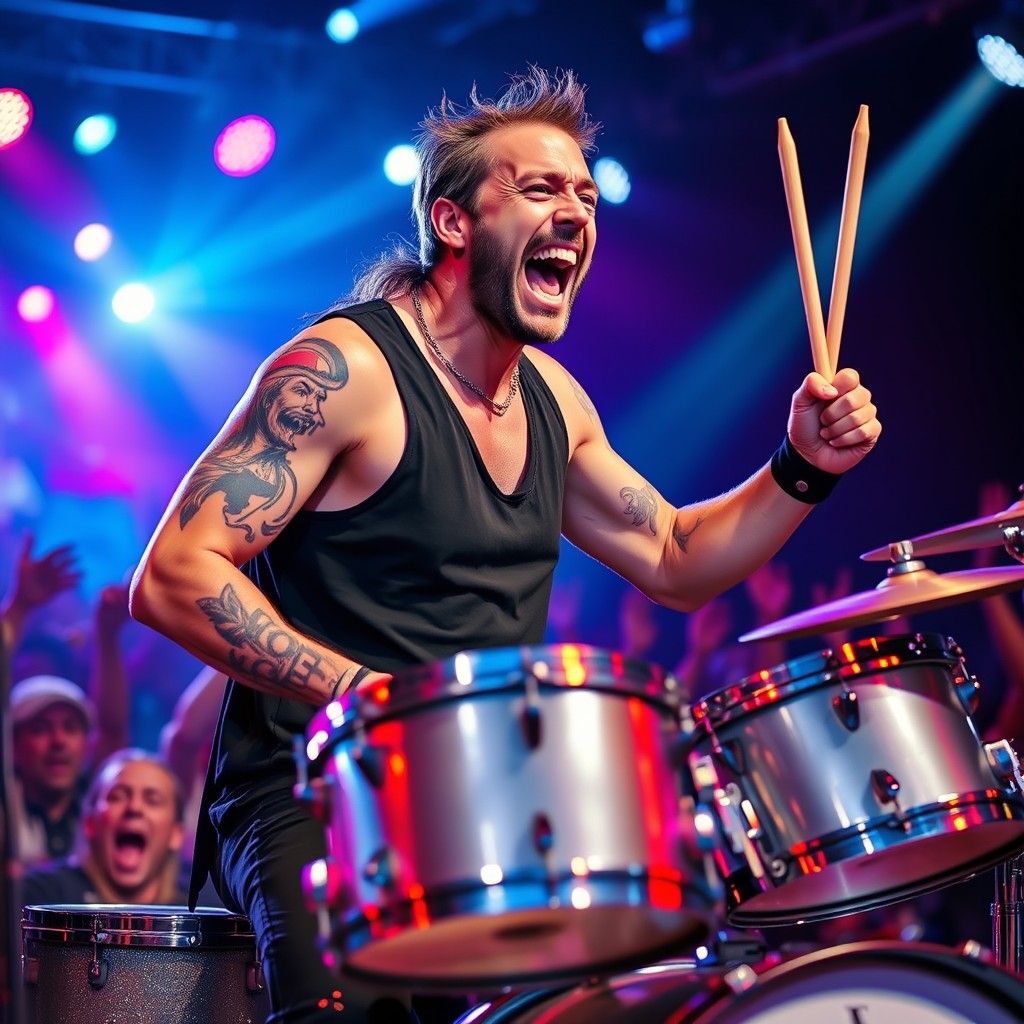 A powerful rock drummer passionately performing on stage, holding drumsticks tightly while engaging with the audience; the drummer has a dynamic expression, showcasing energy and enthusiasm