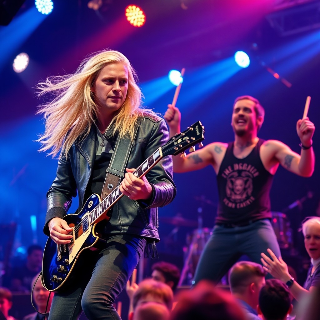 A vibrant rock concert scene featuring a blonde guitarist passionately playing his electric guitar, while a powerful drummer in the background is holding drumsticks, immersed in the music