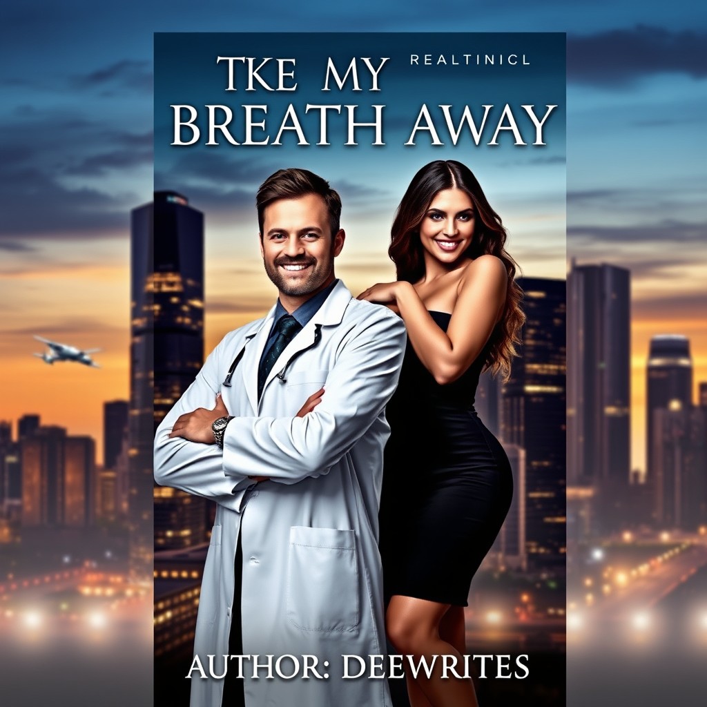 A dramatic book cover design featuring a city skyline at dusk with radiant lights shimmering from tall buildings, creating a cool evening ambiance