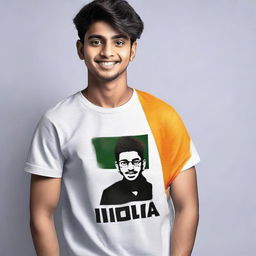 A 20 year old boy named 'AANAND' in modern clothes such as a jeans jacket and t-shirt, boldly holding the flag of India with 'AANAND' printed on his t-shirt