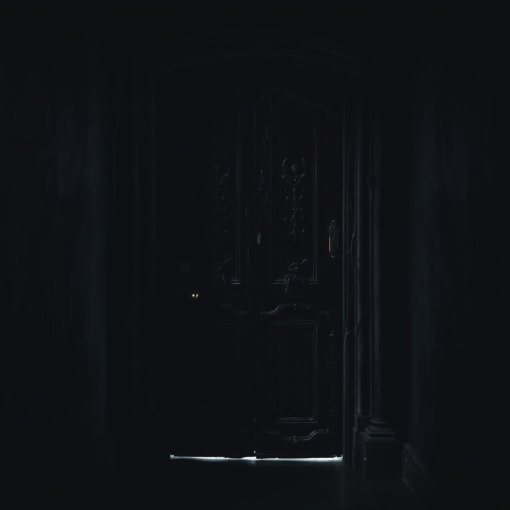 A dark and ominous door set in a shadowy corridor