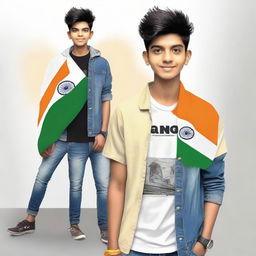 A 20 year old boy named 'AANAND' in modern clothes such as a jeans jacket and t-shirt, boldly holding the flag of India with 'AANAND' printed on his t-shirt