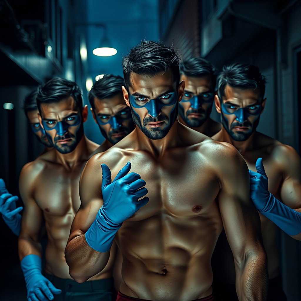 Un grupo de hombres ladrones con llamativos ojos azules, mostrando sus cuerpos musculosos y desnudos de cintura para arriba