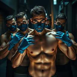 Un grupo de hombres ladrones con llamativos ojos azules, mostrando sus cuerpos musculosos y desnudos de cintura para arriba