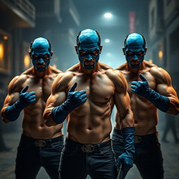 Un grupo de hombres ladrones con llamativos ojos azules, mostrando sus cuerpos musculosos y desnudos de cintura para arriba