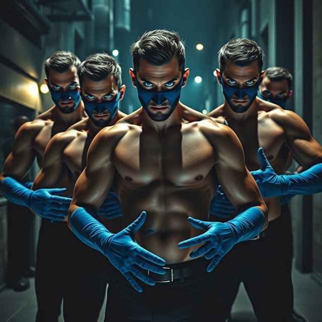Un grupo de hombres ladrones con llamativos ojos azules, mostrando sus cuerpos musculosos y desnudos de cintura para arriba