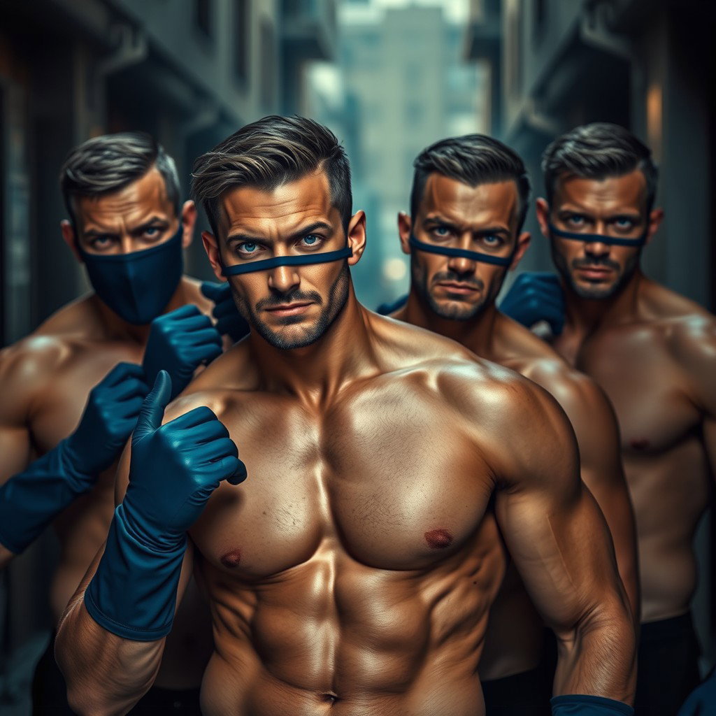 Un grupo de hombres ladrones con impactantes ojos azules, sin camisetas, mostrando sus cuerpos musculosos y tonificados